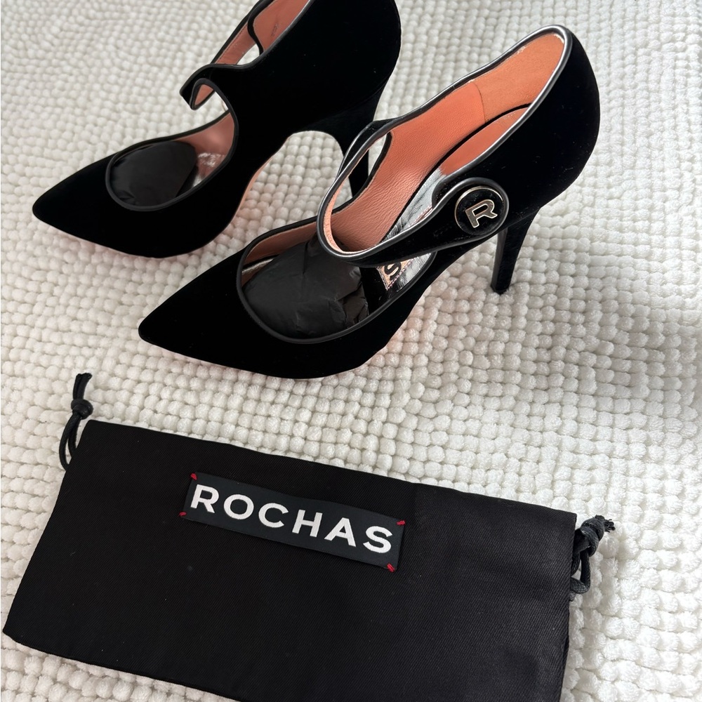 Rochas Paris Black Velvet Heels with Logo Button Accent ✨BRAND NEW✨